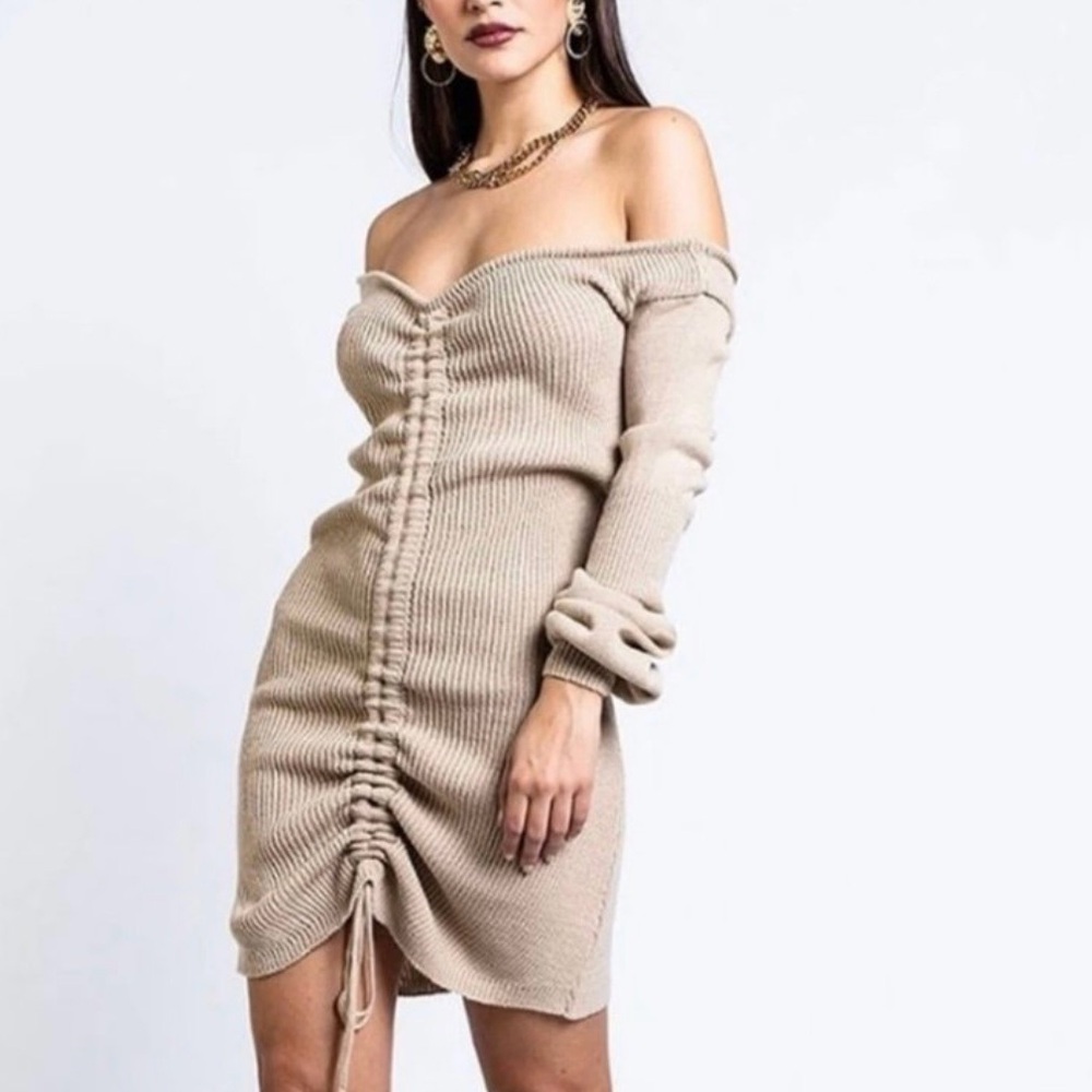NIC & JO Sweater Dress Ribbed Off The Shoulder Ruched Front